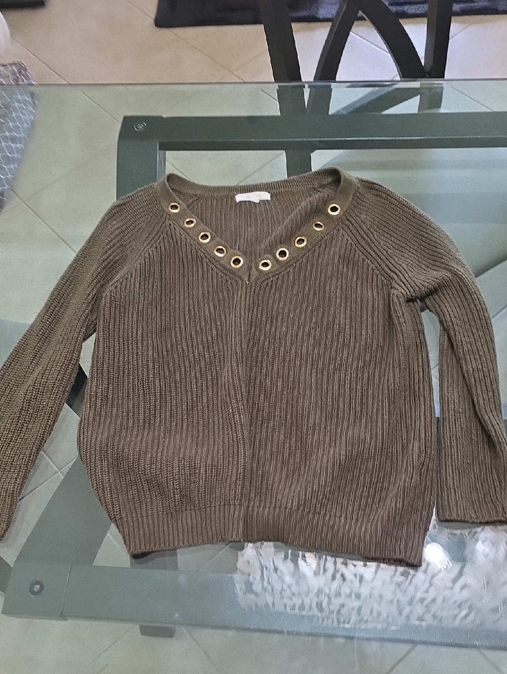 Active USA Olive V-Neck Sweater with Gold Eyelet Detail